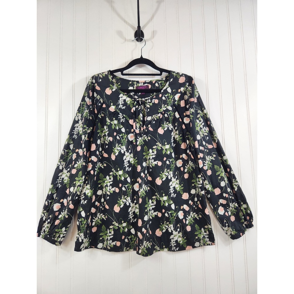 Liberty Art for J.Crew Black Pink Floral Cotton Tie Neck Blouse Size M Sheer